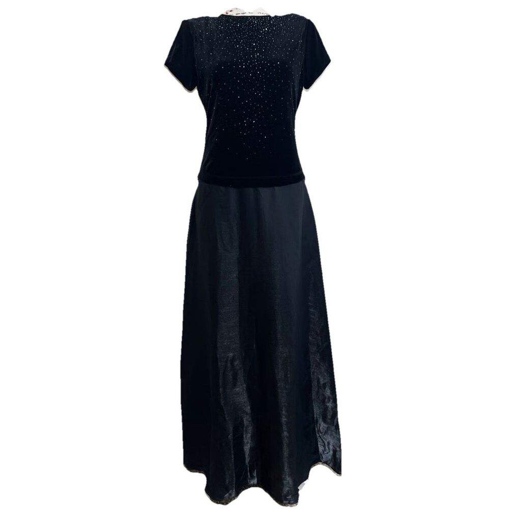 VTG J.R. Nites By Caliendo Evening Maxi Dress Sz 12 Black Velvet Beaded